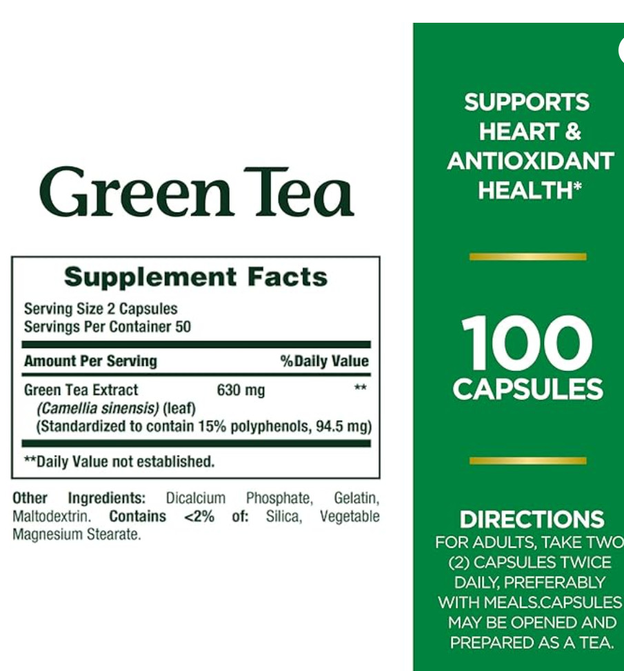 Nature's Bounty Herbal Health Green Tea Extract Capsules, 315 mg, 100 ct