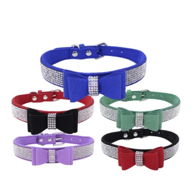 Dog Collar Suede Leather Rhinestone Diamante Soft Bow Tie Cat Puppy Small Pet UK