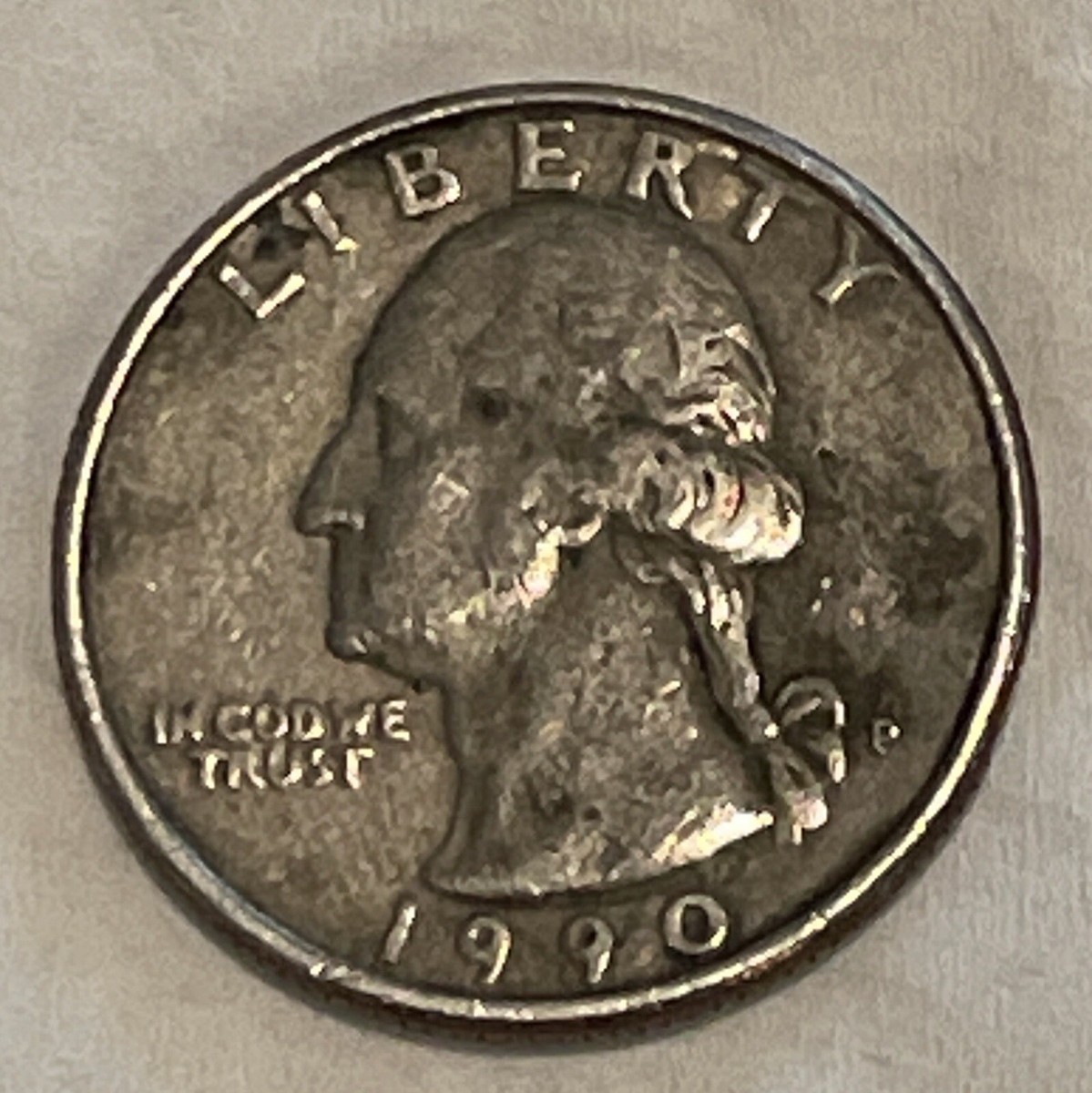 1990 D Washington Quarter Error Double-Die Mint Mark, DD Wing Die