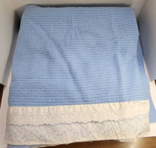 Acrylic Blue Blanket Satin Floral Scalloped Trim Thermal Waffle Weave Grannycore