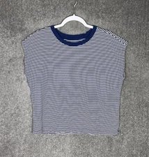 LOFT Boxy Tee Top Womens Size MP Medium Petite Blue Striped Crew Neck