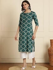 Indian Women BEAUTIFUL Green COTTON Floral Printed Kurta Kurti Top Tunic Dress