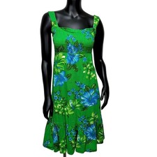 Vintage Hibiscus Floral Smocked Bodice Ruffle Hem Sundress Midi Tank Dress