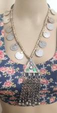 Afghan Kuchi Style Coin Charm Necklace Tribal Boho Fringe Statement Jewelry