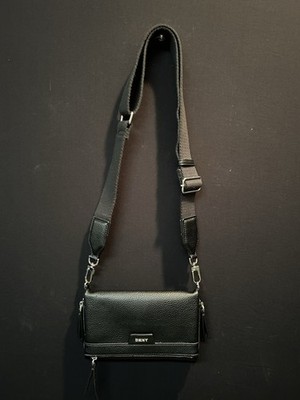 DKNY Trifold Crossbody/ Clutch Black Pebbled Leather Adj Strap