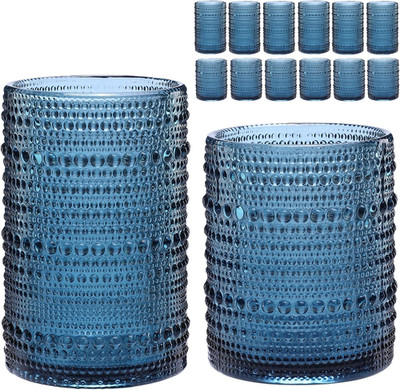 Vintage Glassware Drinking Glasses Set of 12,Blue 12Oz & 15Oz Hobnail Glass Cups