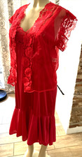 Vintage Red Lace Nylon Nightgown Peignoir Low Back Hi-Low Sz L xc2