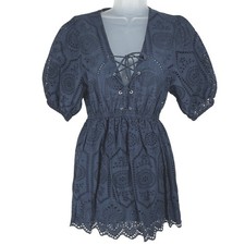 Forever 21 Navy Blue Eyelet Lace Mini Dress Boho Puff Sleeve Lace Up Small Sheer