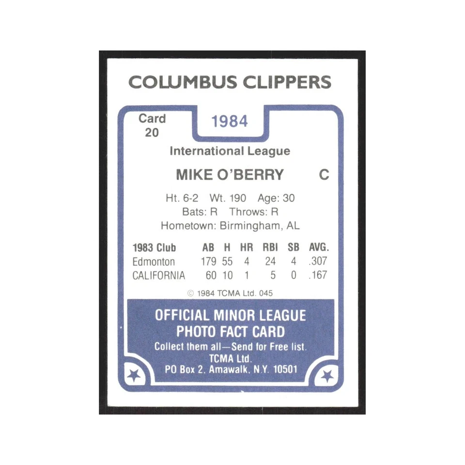 1984 TCMA Minor League Mike O'Berry Columbus Clippers #20.0 - Image 2 of 3