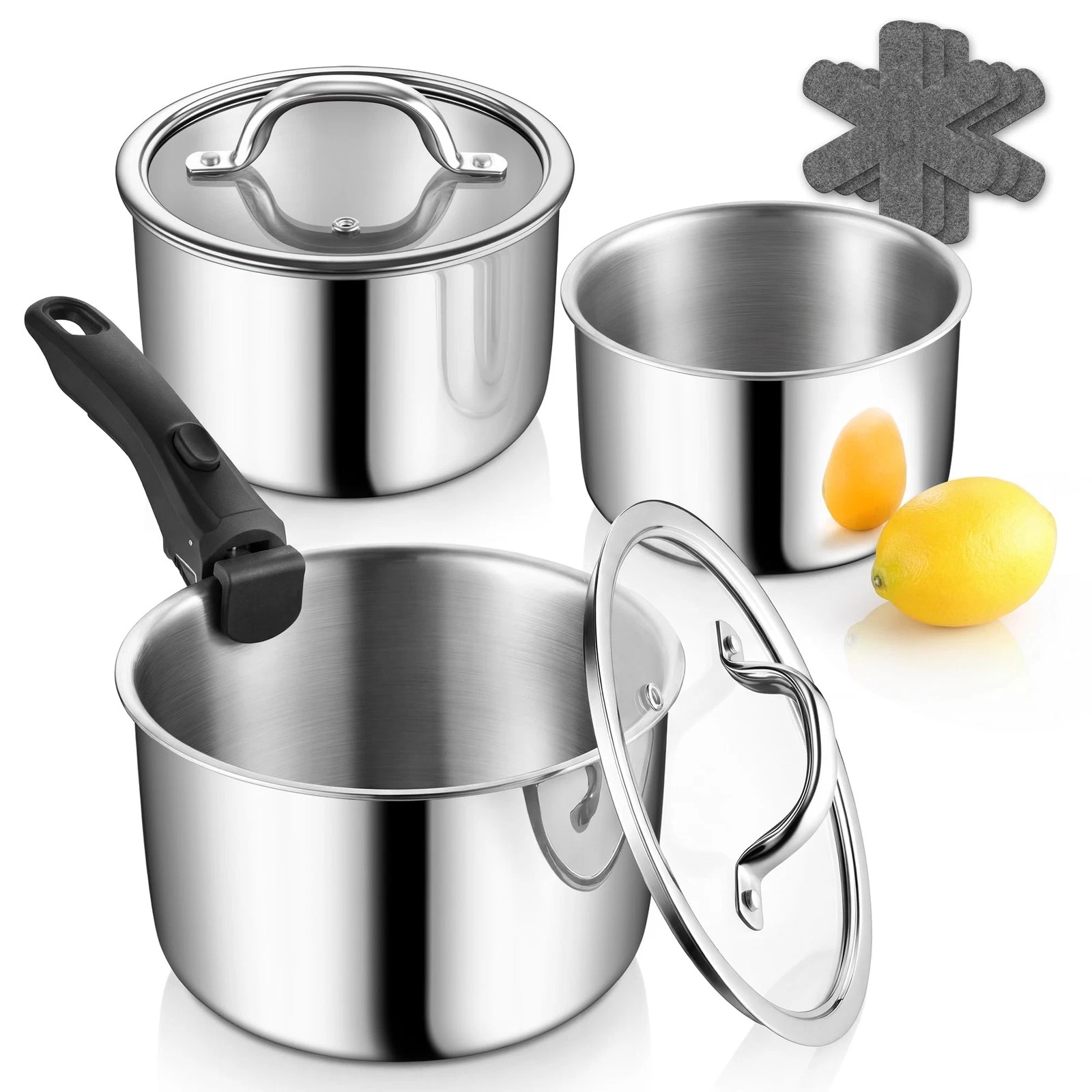 Tri-Ply Cooking Pots and Sauce Pans, 9Pcs Stainless Steel Cookware Set with R...
