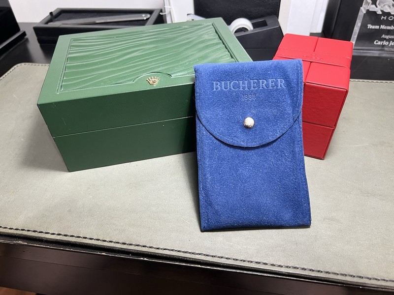 Rolex Green Presentation Watch Box Single, Omega Travel Box And Bucherer Pouch.