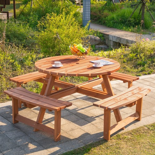 8 Seat Outdoor Wooden Picnic Table with Bench Parasol Hole Brown - Picture 1 of 9
