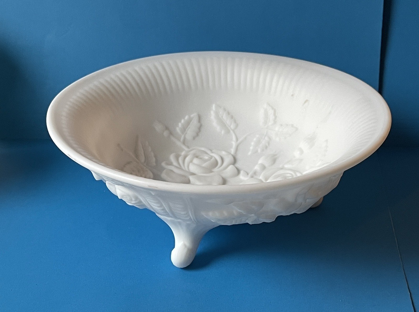 Vintage Imperial Milk Glass White Footed Bowl Rose Satin Finish