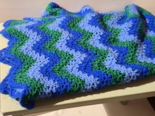 Vintage Handmade Crochet Afghan Blanket Ripple Chevron Blue Green Throw 34x58