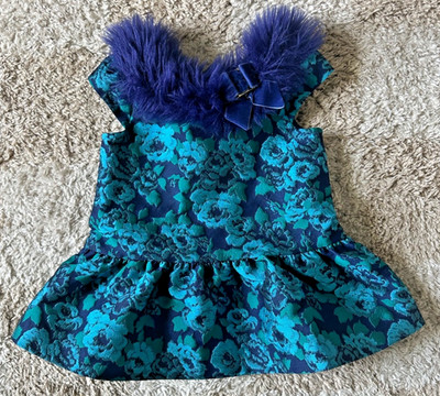Janie and Jack Baby Girl Blue Green Floral Dress Fur Collar 3 6 Months