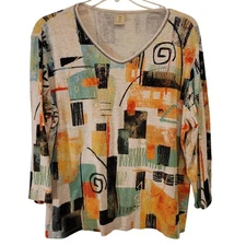 Jess & Jane Abstract Print V Neck 3/4 Sleeve Top Women's Size XL