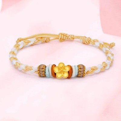 24K Gold Peach Blossom Bracelet Red String Bracelet 999 Gold Flower Charm Dainty