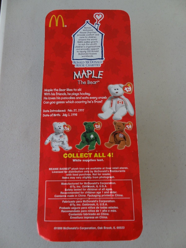 McDonalds TY Beanie Babies set of 4 BRITANNIA ,MAPLE, ERIN, & GLORY. Bears. NIB - Picture 16 of 16