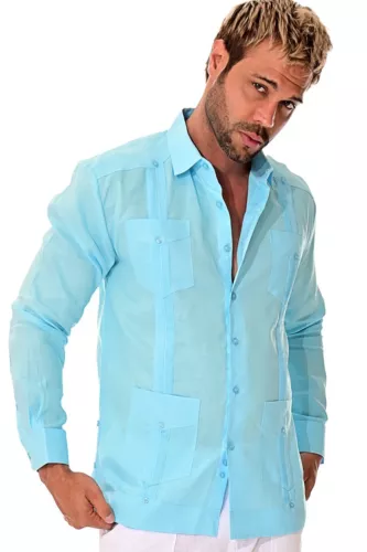 Bohio Mens 100% Linen Cuban Guayabera Shirt - Aqua Traditional 4-Pocket- MLS501
