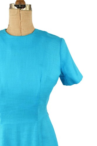 Vintage 60s Bright Aqua Blue Linen Short Sleeve Kick Pleated Mod Retro Dress S - Picture 2 of 6