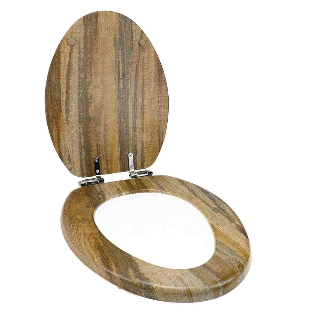 Toilet Seat Brown Round Distressed Wood Veneer Closed Front Slow Close