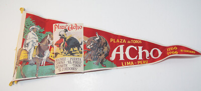 Vintage Lima Peru Flag Pennant Banner 21'' Plaze de Toros 1966 Bi-Centenario