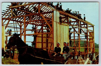 Postcard An Amish Barn Raising, Pennsylvania Dutch Country