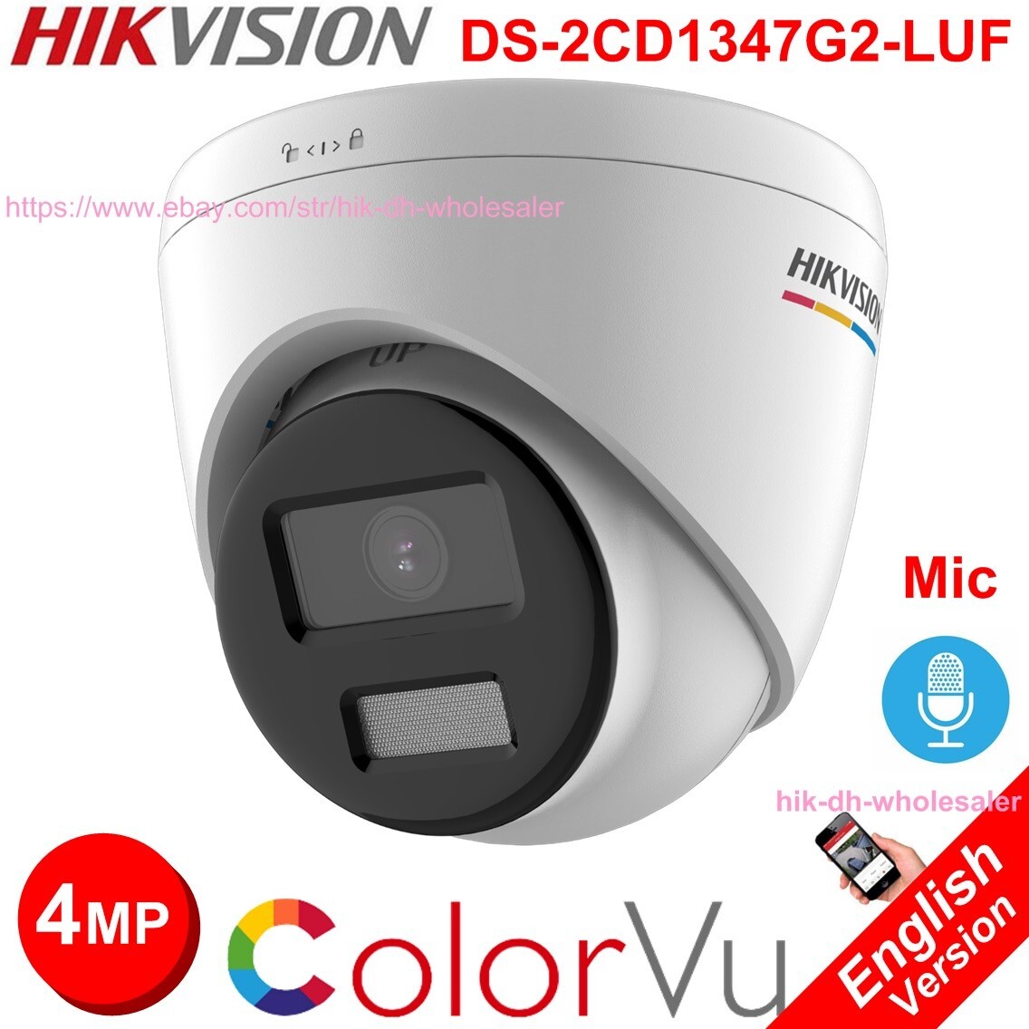 Hikvision DS-2CD1347G2-LUF 4MP ColorVu MD2.0 IP Camera WDR PoE Built-in Mic