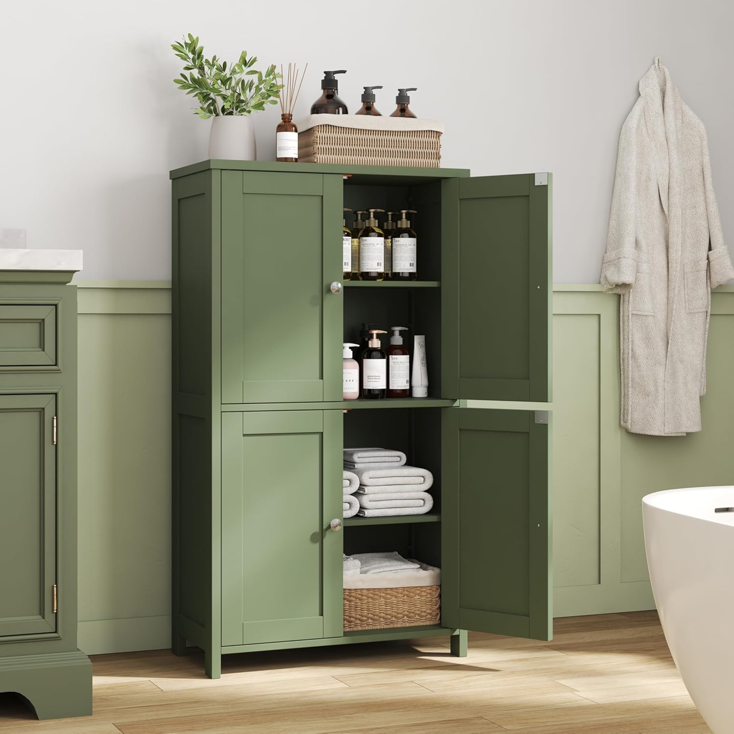Bathroom Floor Storage Cabinet, Freestanding Pantry Cabinets with 4 Doors
