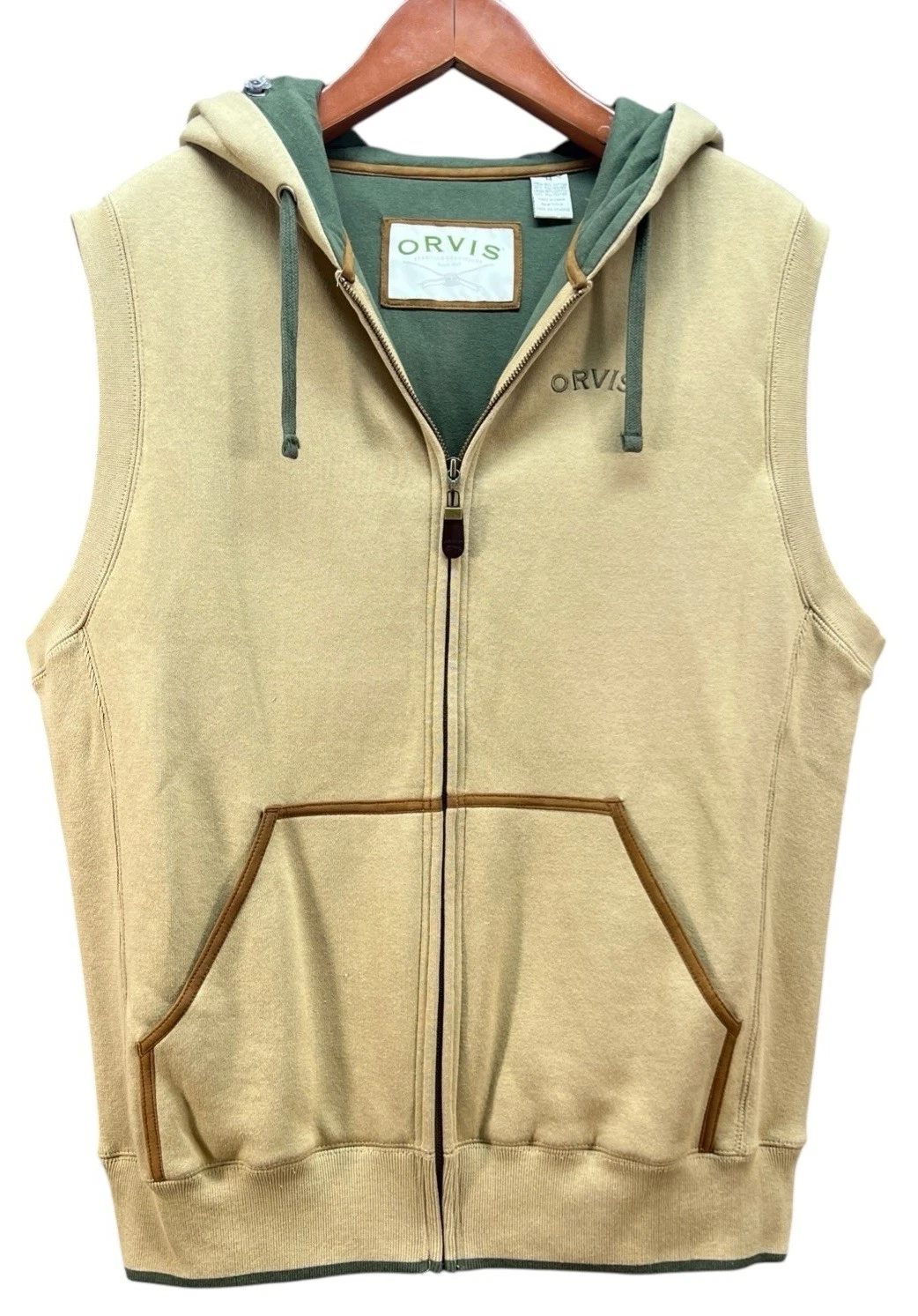 Orvis Vest Men M Knit Hiking Hunting Outdoor Tan/Green Zip Hood Water Bladder