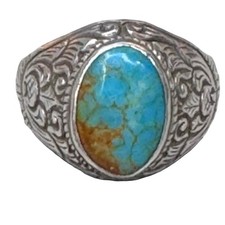 Vintage Sterling Silver Ring Turquoise Statement Intricate Floral Engraving 5