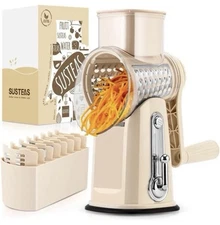 SUSTEAS Rotary Cheese Grader & Vegetable with Handle and 5 Blades Round Slicer