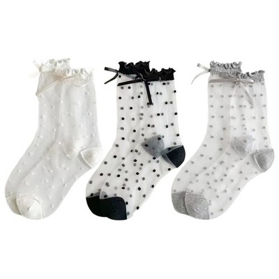 3 Pairs Socks Silky Thin Middle Tube Socks French Style Crystal Lace Socks