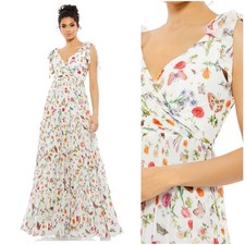 Mac Duggal Floral Garden Print Shoulder Tie Maxi Dress Size 6 55422 Butterflies