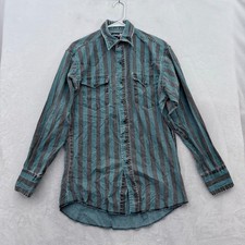 Vintage Wrangler Brushpopper Shirt Mens 15-33 M Blue Stripe Cowboy Rodeo Ranch