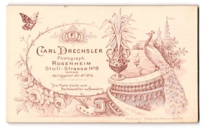 Photograph Carl Drechsler, Rosenheim, Stoll-Str. 8, Peacock on a parapet with 