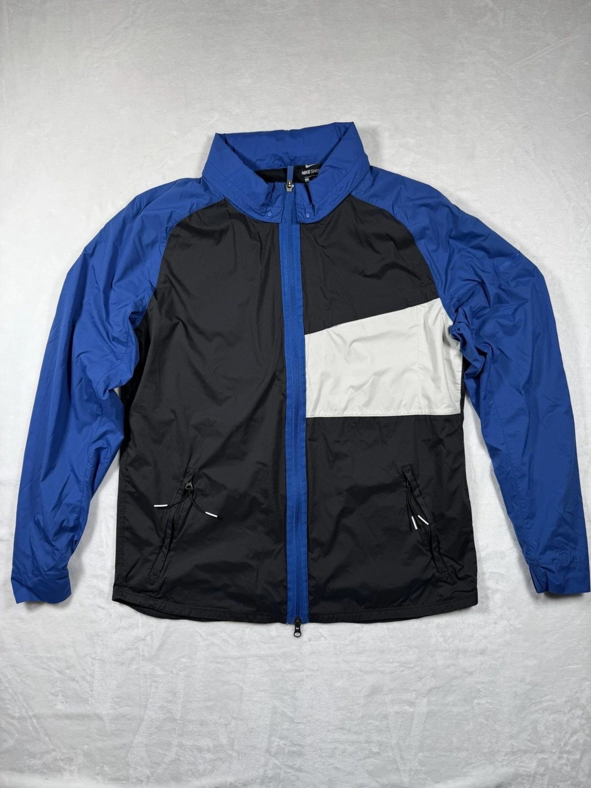 Nike Shield Men’s Windbreaker Jacket L Blue White Full Zip Hooded Lightweight