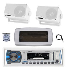 Pyle Bluetooth Marine Receiver, Cover, Antenna,Wire, 2x 3.5'' 200W White Speaker