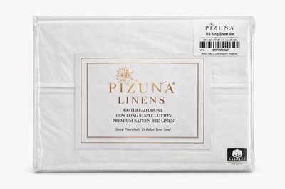 Pizuna Linens King Sheet Set 400TC 100% Long Staple Cotton Sateen White - 4 pc 