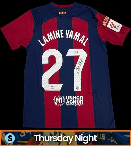 LAMINE YAMAL SIGNED AUTO BARCELONA FC KAROL G EDITION SOCCER JERSEY BAS STICKER