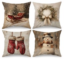Vintage Christmas Pillow Covers 18x18 Set of 4, Winter Snowman Pillow Covers,...