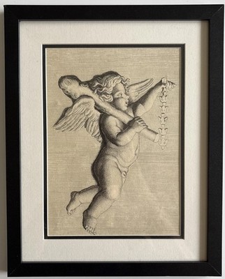 Antike Gravur Amor hält Girlande trägt Herkuleskeule auf Schulter 1678