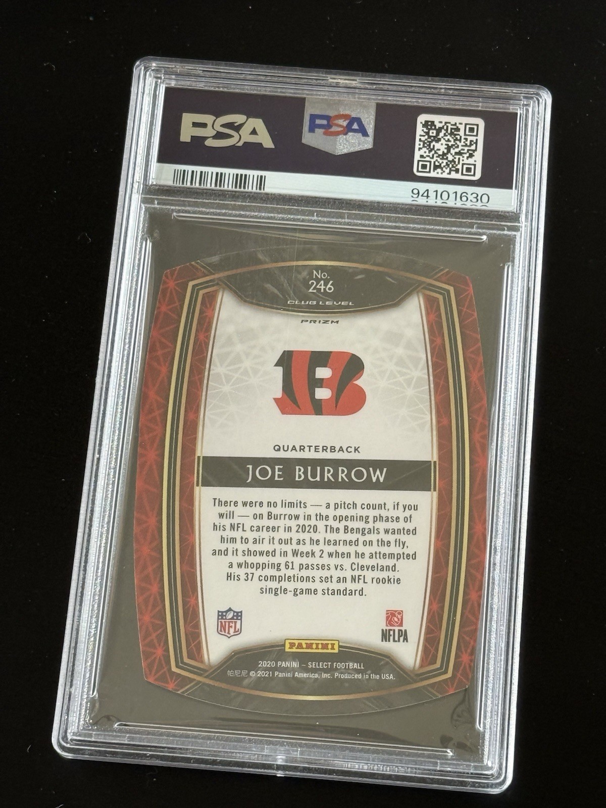 Panini 2020 Select Club Level Joe Burrow Blue Prizm Die-Cut RC PSA 10 #246 view 2