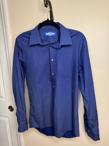 Bruce Julian Size M Slim Fit Custom Tailored Blue Dress Shirt White Dots