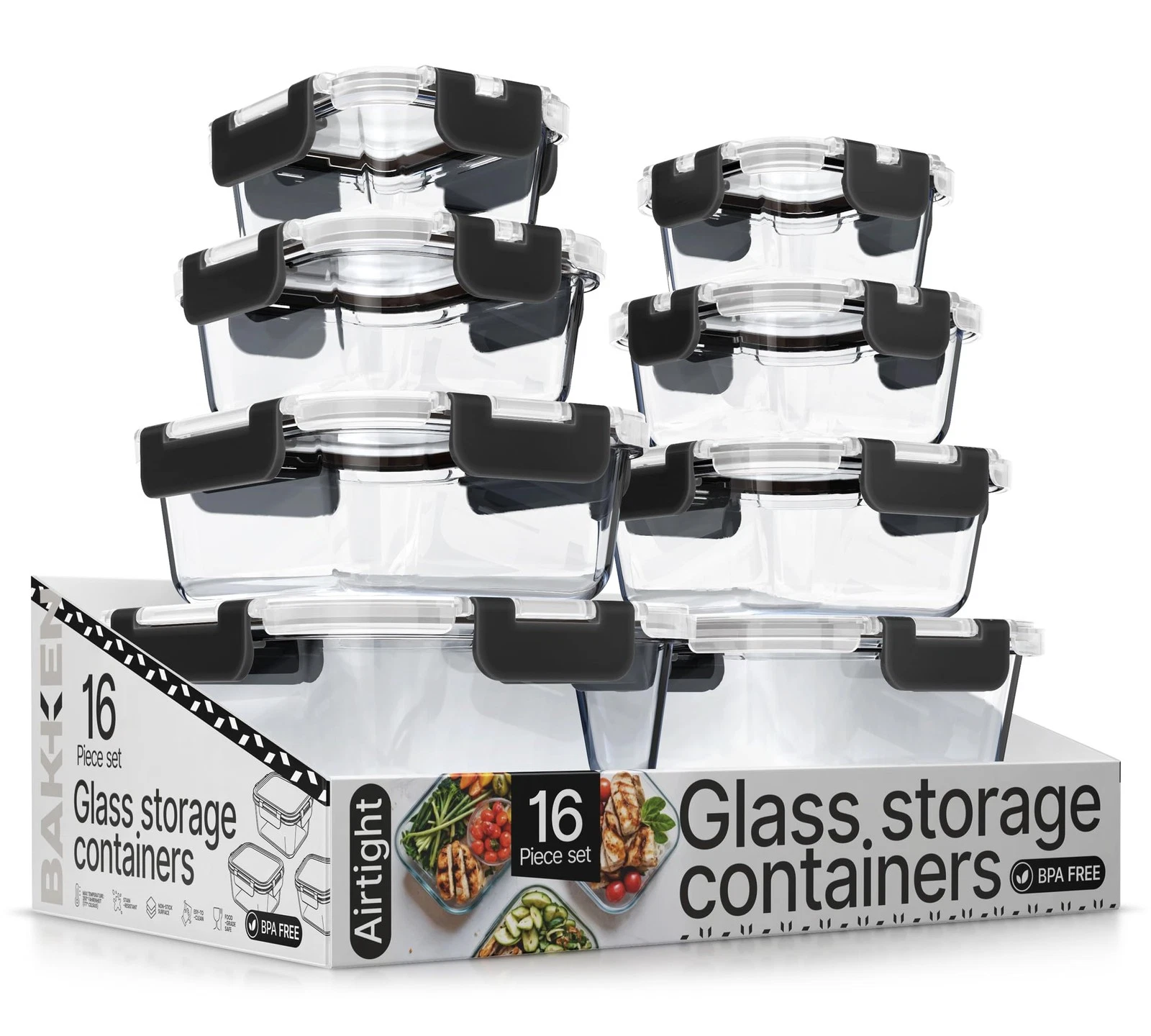 BAKKENMASTER BOROSILICATE GLASS FOOD STORAGE CONTAINERS 16 PIECES - BLACK