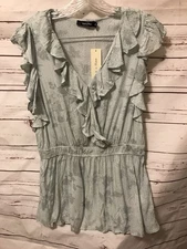 Doe and Rae Size L Green Rufflled Elastic Waist Faux Wrap Cottage Core Top