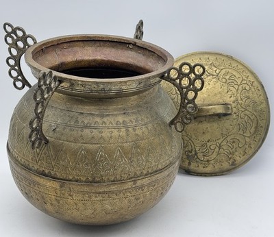Antique Large Solid Brass Etched Pot With Lid Decorative Storage Ornate Details