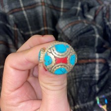 Tibetan Turquoise And Coral Ring Vintage