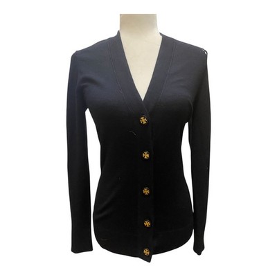 Tory Burch Simone Black Wool Cardigan Sweater Size XS Gold Logo Buttons Flaw