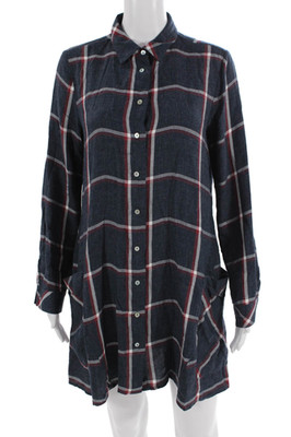 Zara Women Dark Blue Plaid Tunic Button-Up Collared Long Sleeve Size S